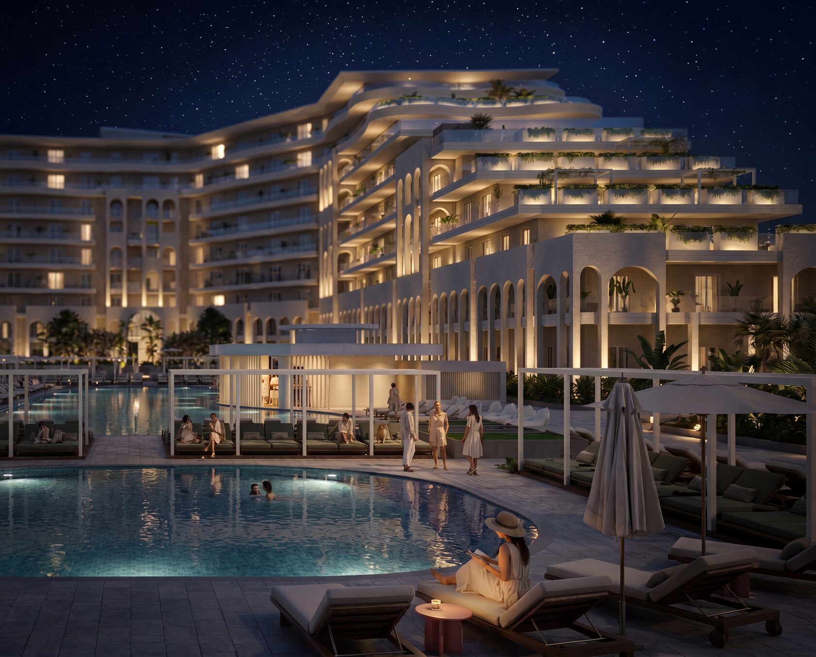 Открытый бассейн Sun Garden на закате с видом на каскадную архитектуру